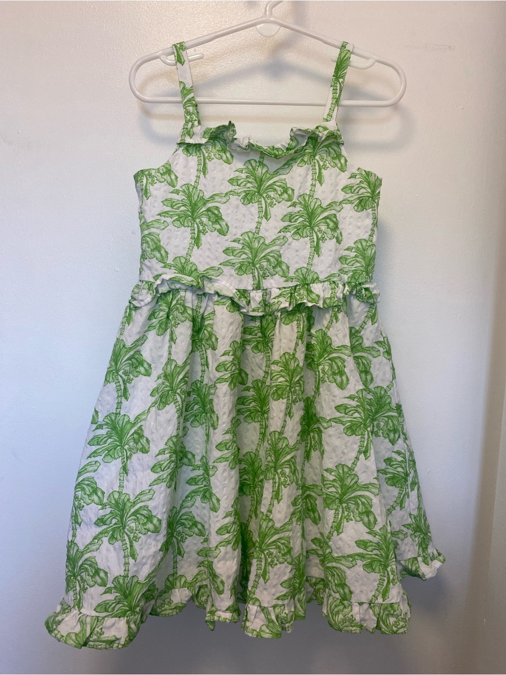 Janie and Jack, Green & White Palm Tree Seersucker and Ruffle Dress, Size 5T